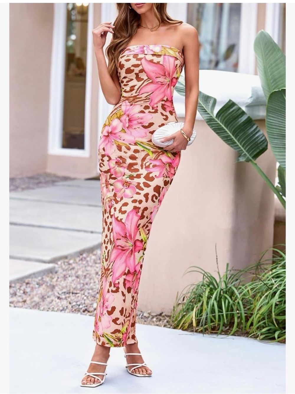 Women’s Strapless Floral Maxi Dress, Bodycon Dress, Wedding Guest Cocktail Dress